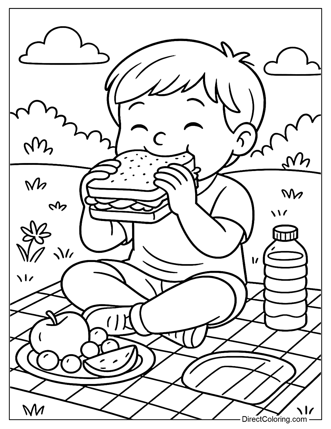 Coloring page of a boy biting into a large sandwich, with a tablecloth and a bottle of water next to it